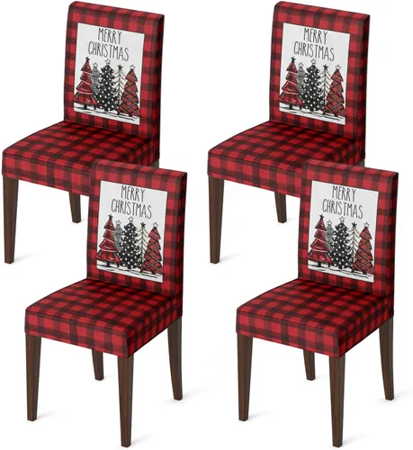 Miniatura 10 de Horaldaily 4 fundas para sillas de comedor de Navidad, diseño de árboles de búfalo negro, elástico, extraíble, lavable, protector de silla
