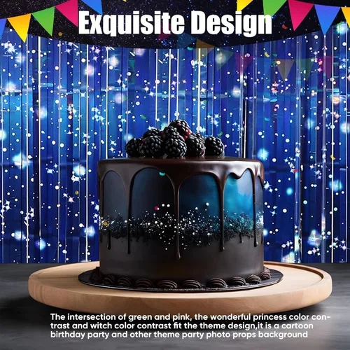 Miniatura 5 de Tingjoo Paquete de 2 cortinas de papel de aluminio de galaxia para decoraciones de fiestas temáticas espaciales, cortinas de oropel iridiscente azul