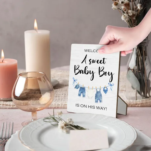 Miniatura 3 de Letrero azul de bienvenida para baby shower, mesa de ducha de niños y bebés, soporte de madera de 5 x 7 pulgadas, decoración de «A Sweet Baby Boy Is