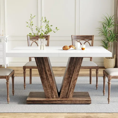 Miniatura 4 de LITTLE TREE Mesa de comedor de 47 pulgadas para 4, mesas de comedor modernas, mesa de cocina rectangular blanca con pedestal en forma de V marrón