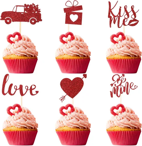Pajean 60 piezas de decoración para cupcakes para el día de San Valentín con purpurina roja y corazón de amor, beso me Lip Be Mine, caja de regalo