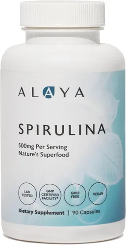 Alaya Naturals - Cápsulas de espirulina pura, hechas con Earthrise (500 mg, 90 cápsulas, sin OMG)