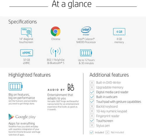 Miniatura 6 de HP Chromebook x360 - Laptop con pantalla táctil HD de 14 pulgadas, Intel Celeron N4000, 4 GB de RAM, 32 GB eMMC, cromado