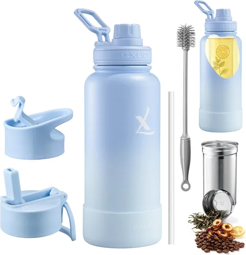 Miniatura 13 de Lexlion Botella de Agua con Infusor de Té 32 Oz – Termo de Acero Inoxidable con Triple Pared Aislada, Colador para Hojas Sueltas y Frutas, 3 Tapas a