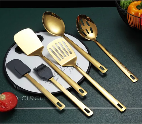 Miniatura 2 de Cucharones de cocina dorados, Berglander juego de 6 espátulas de acero inoxidable, espátula metálica, cuchara para servir, juego de utensilios