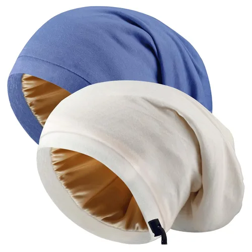 Gorro de Satén de Seda Envolvente para el Cabello para Dormir, 2 Piezas Gorros de Seda Ajustables para Mujeres y Hombres, Gorras de Noche Azul y