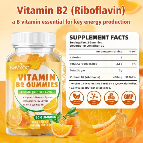 Miniatura 2 de Gomitas de vitamina B2 – Riboflavina de 400 mg para niños y adultos, alivio de la migraña y alivio del dolor de cabeza, veganas, sin azúcar, sabor