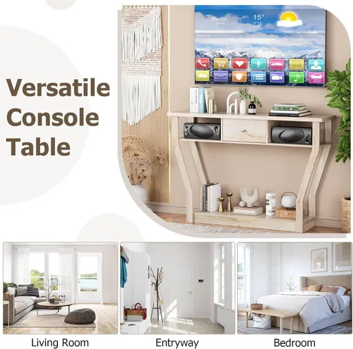 Miniatura 4 de BestComfort Mesa consola estrecha de 47 pulgadas con cajón, acento de entrada de madera de 3 niveles con estantes abiertos, mesa de sofá multiusos