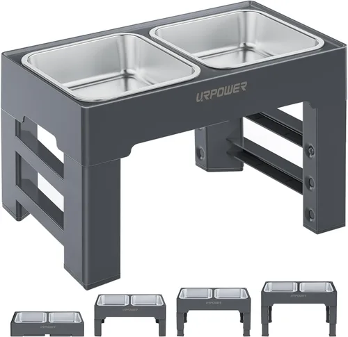 Miniatura 10 de URPOWER Cuencos elevados para perros, soporte elevado ajustable de 4 alturas con 2 cuencos grandes de acero inoxidable para alimentos y agua