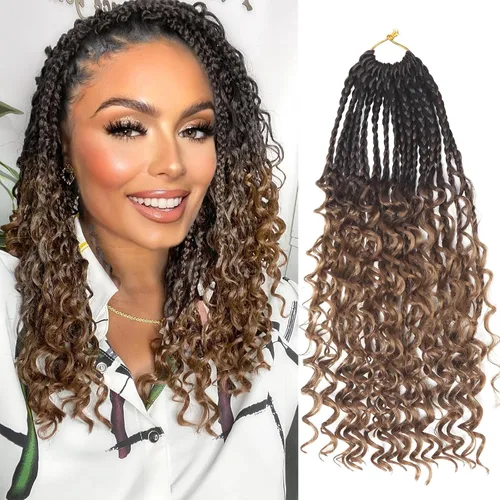 Miniatura 44 de Goddess Box Braids - Trenzas de cabello a ganchillo con extremos rizados, trenzas de caja bohemianas de 16 pulgadas, trenzas de ganchillo, 8 1B-4-30