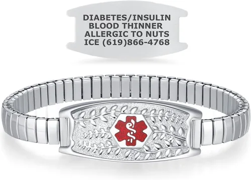 Miniatura 10 de Pulsera de Alerta Médica Elástica Oliva Divoti – Etiqueta de ID de Acero Inoxidable Grabada Personalizada – Hipoalergénica, Sin Cierre