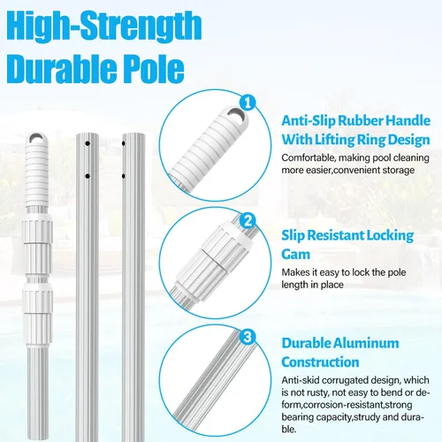 Miniatura 5 de YEECHUN Poste de piscina profesional de 16.5 pies telescópico de aluminio resistente, longitud ajustable de 6.5 a 16.5 pies, poste universal
