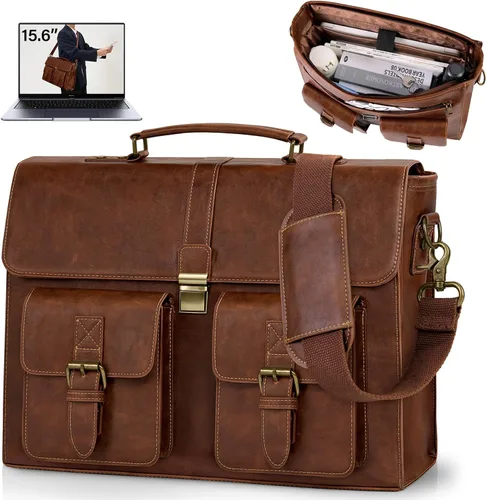 Miniatura 10 de RAINSMORE Bolsa de mensajero para hombre de 15.6 pulgadas de cuero vintage para laptop, maletín impermeable, bolsa de cuero para computadora laptop
