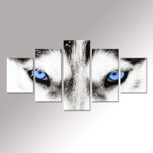 Lienzo grande de 5 piezas de arte de pared de lobo blanco y negro, ojos azules, cara de animal, cabeza de animal, pintura abstracta para sala de