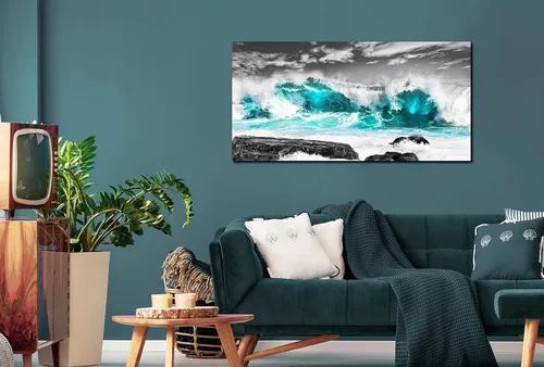 Miniatura 8 de Lienzo de playa para pared, pintura de océano, decoración de pared verde azulado para sala de estar, listo para colgar, tamaño 40 x 20 pulgadas