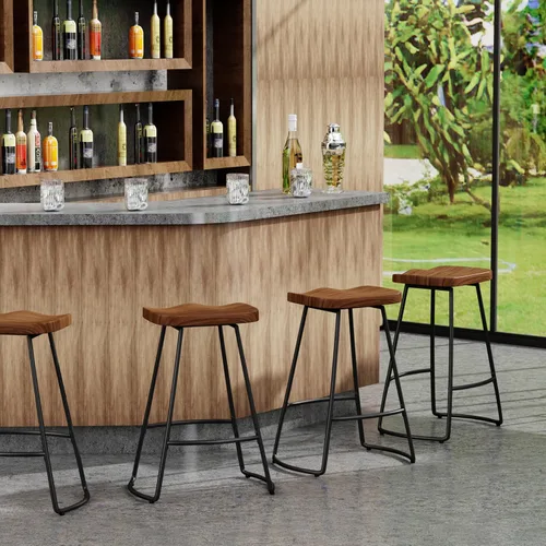 Miniatura 5 de Juego de 4 taburetes de bar industriales de metal negro con parte superior de madera, 24 pulgadas