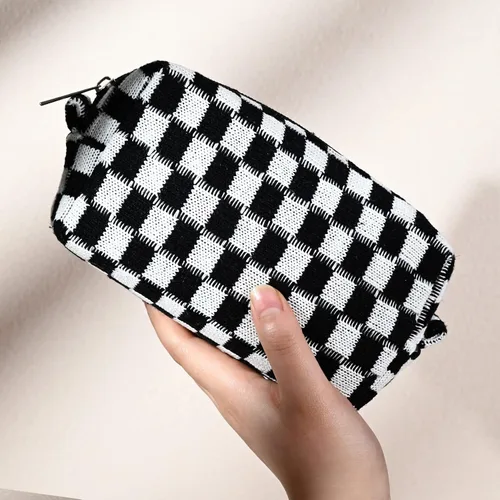 Miniatura 5 de SOIDRAM Bolsa de maquillaje negra de 2 piezas, bolsa grande de cosméticos a cuadros, capacidad de mezcla de lona, bolsa de aseo de viaje