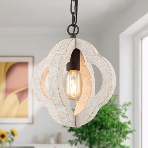 Luces colgantes modernas de madera de granja de 9.84 pulgadas, orbe de isla de cocina, roble blanco envejecido, lámpara colgante de techo rústica