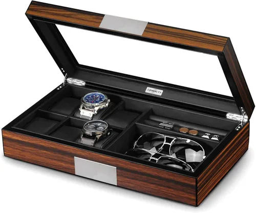 Lifomenz Co Caja de joyería de reloj para hombre con 6 ranuras, 6 fundas de reloj, 8 pares de gemelos y lentes de sol, organizador grande de madera