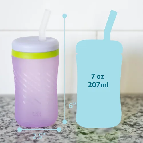 Miniatura 5 de The First Years Vaso de silicona con popote para apretar, a prueba de derrames, apto para lavavajillas, verde y morado, 7 onzas, 2 unidades, a