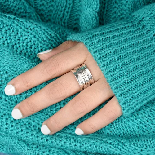 Miniatura 5 de Boho-Magic Anillo giratorio de plata de ley 925 para mujer, 3 anillos antiansiedad, banda ancha martillada