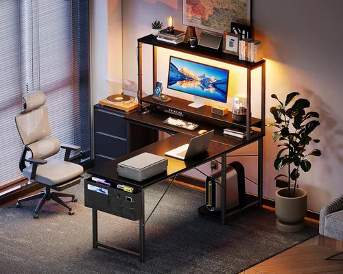 Miniatura 7 de AODK Escritorio en forma de L para juegos con luz LED y toma de corriente, mesa de computadora reversible en forma de L de 53 pulgadas con estante