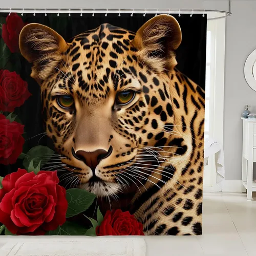 Cortina de ducha con estampado de leopardo y gato con rosas rojas, 72 pulgadas de ancho x 72 pulgadas de largo, juego de cortina de ducha con flores