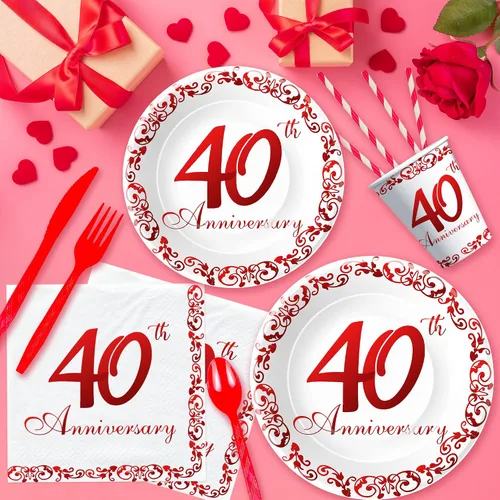Miniatura 7 de APOWBLS Vajilla para decoración del 40 aniversario, suministros de fiesta de aniversario de boda de rubí, platos de papel, vasos, servilletas