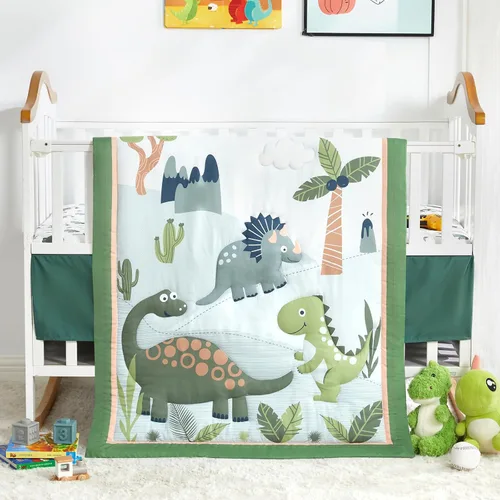 Miniatura 16 de Juego de cama de cuna de dinosaurio mini para niños azul de 3 piezas Premium, juego de sábanas para bebé, juego de cuna de dinosaurios