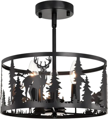 Miniatura 12 de Lámpara de techo semiempotrada, lámpara de techo rústica de metal de pergamino blanco con diseño de mariposa, candelabros negros industriales de 3