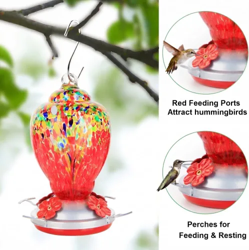 Miniatura 2 de WOSIBO Comedero para colibríes para exteriores, patio, grande, 32 onzas, comedero para colibríes de vidrio soplado a mano colorido con foso
