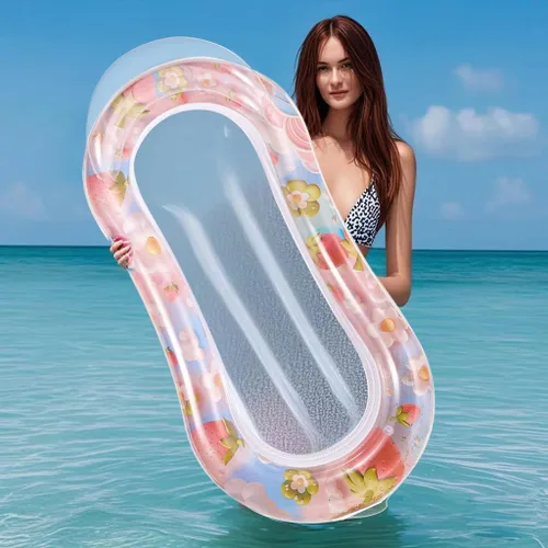 Miniatura 4 de Tumbona inflable para piscina con malla, hamaca de natación para adultos, diseño transparente de sandía/fresas, reposacabezas integrado, relleno