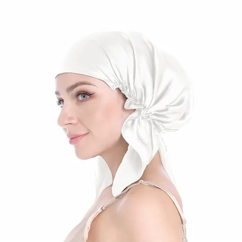 Miniatura 14 de SissiLita Gorro de seda 100% para dormir, gorro de seda grande con banda de amarre para el cuidado del cabello rizado (azul)
