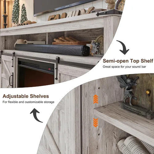 Miniatura 5 de OKD Soporte de TV con chimenea para TV de más de 65 pulgadas, centro de entretenimiento Highboy Farmhouse de 33 pulgadas de alto con chimenea