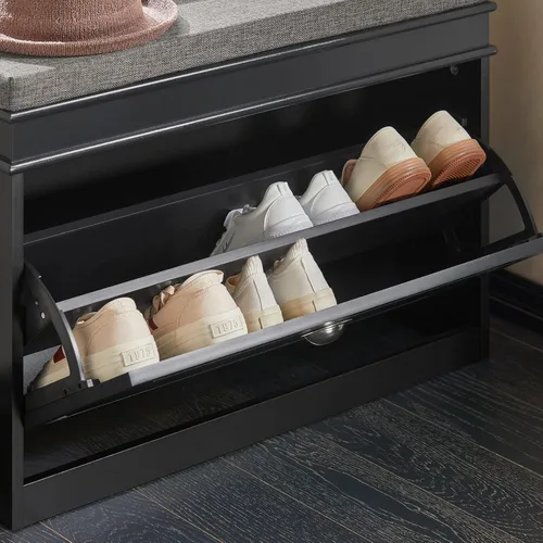Miniatura 6 de SoBuy pequeño banco de almacenamiento de zapatos, zapatero negro estrecho para entrada, estante para zapatos con cojín y 2 niveles de cajón