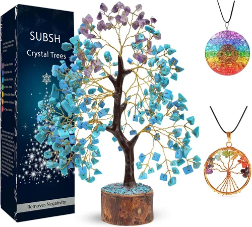 Miniatura 14 de Árbol de la vida de cristal amatista de 10-12 pulgadas con 2 colgantes de chakra – Bonsái de cristal sanador, árbol del dinero para energía
