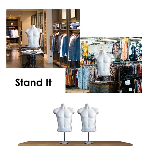 Miniatura 4 de Maniquí masculino de torso con soporte de metal, parte trasera hueca, cuerpo apilable, forma de vestido para exhibición de camisetas, mostrador