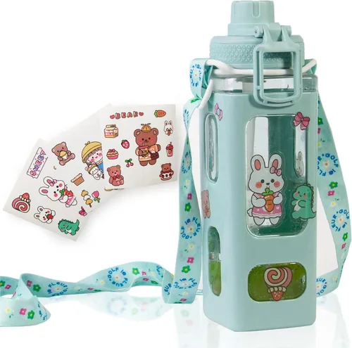 Botella de agua Kawaii para niños, lindas botellas de agua con pajilla, botella portátil cuadrada para beber, jarra de agua a prueba de fugas para