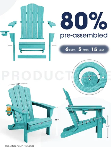 Miniatura 7 de KINGYES Silla plegable Adirondack, sillas de patio HDPE para todo clima, silla de césped con textura de madera para junto a la piscina, patio Aruba