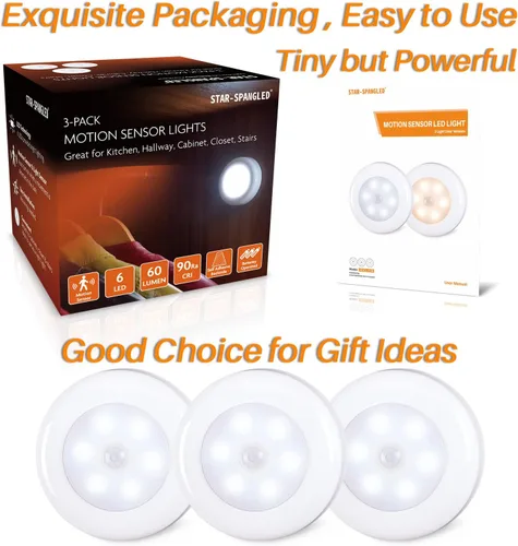 Miniatura 6 de STAR-SPANGLED Paquete de 3 luces con sensor de movimiento de 2.8 pulgadas para interiores, funciona con pilas AAA, luz LED para pegar en escaleras