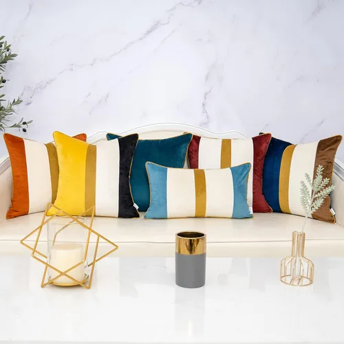 Miniatura 7 de Yangest - Funda de cojín lumbar de terciopelo a rayas, funda de cojín de retazos negros, funda de cojín moderna neutra oblonga para sofá, sillón