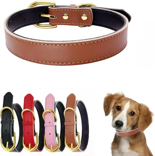 Miniatura 7 de Collares de cuero para perros medianos, acolchado suave al tacto, grueso de piel de vaca auténtica, hebilla dorada duradera, collares ajustables