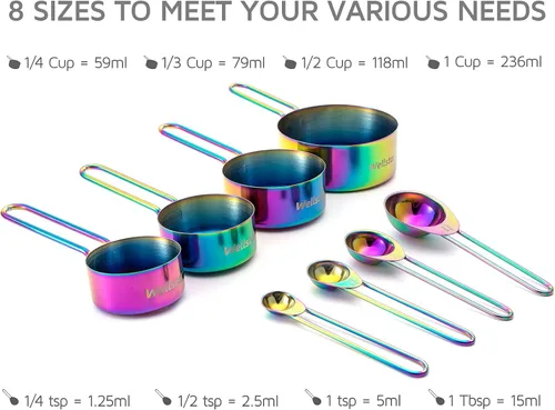Miniatura 2 de WELLSTAR Juego de 8 tazas y cucharas medidoras de acero inoxidable 18/8 de grado alimenticio para medición de líquidos secos, accesorios de cocina