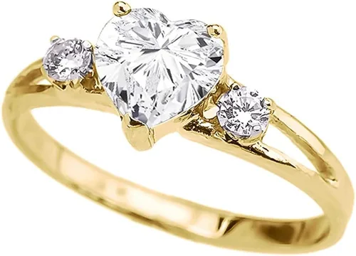 Modern Contemporary Rings Anillo de oro amarillo de 10 quilates con forma de corazón y circonita cúbica y topacio blanco con vástago dividido y tres