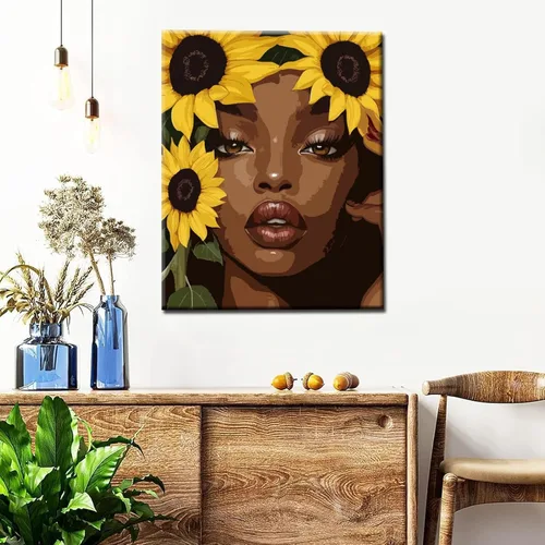 Miniatura 2 de Pintura por números, girasoles afroamericanos, kit de pintura acrílica DIY por números, para niños, adultos, principiantes, niñas negras, pintura