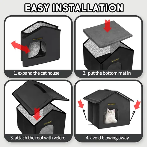 Miniatura 7 de Rest-Eazzzy Casa para gatos al aire libre, resistente a la intemperie y aislada, con alfombrilla y toldo, fácil de poner, refugio para gatos