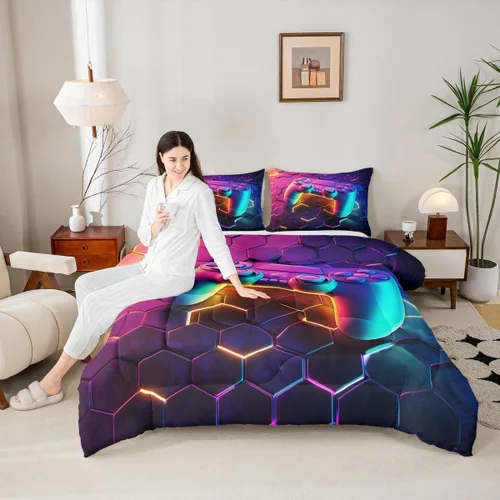 Miniatura 15 de Manfei Juego de edredón moderno de 2 piezas con estampado de consola de videojuegos de panal azul con 1 funda de almohada, juego de ropa de cama