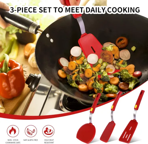 Miniatura 4 de Juego de espátulas de silicona grandes y delgadas, resistentes al calor, 600 ° F, utensilios de cocina flexibles ranurados para utensilios de cocina