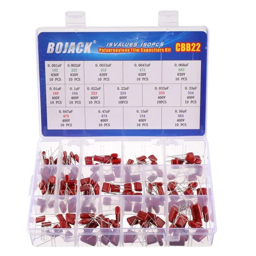 BOJACK 15 Valores 150 Pcs Película de Polipropileno Metalizado Condensador DC 400V/0.01uF ~ 0.56uF 630V/0.001uF ~ 0.068uF Kit Surtido
