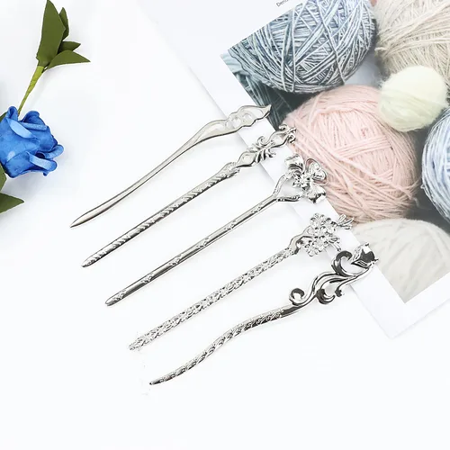 Miniatura 2 de Lawie Paquete de 14 palillos de metal plateado vintage retro antiguo chino japonés plateado para el cabello, púas largas y rectas talladas cuerno